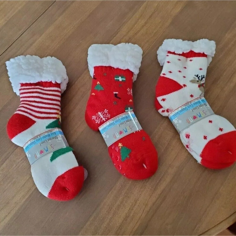 Sumona Sherpa Lined Cabin Socks Knit None Skid Winter Cozy Slipper Set of 3